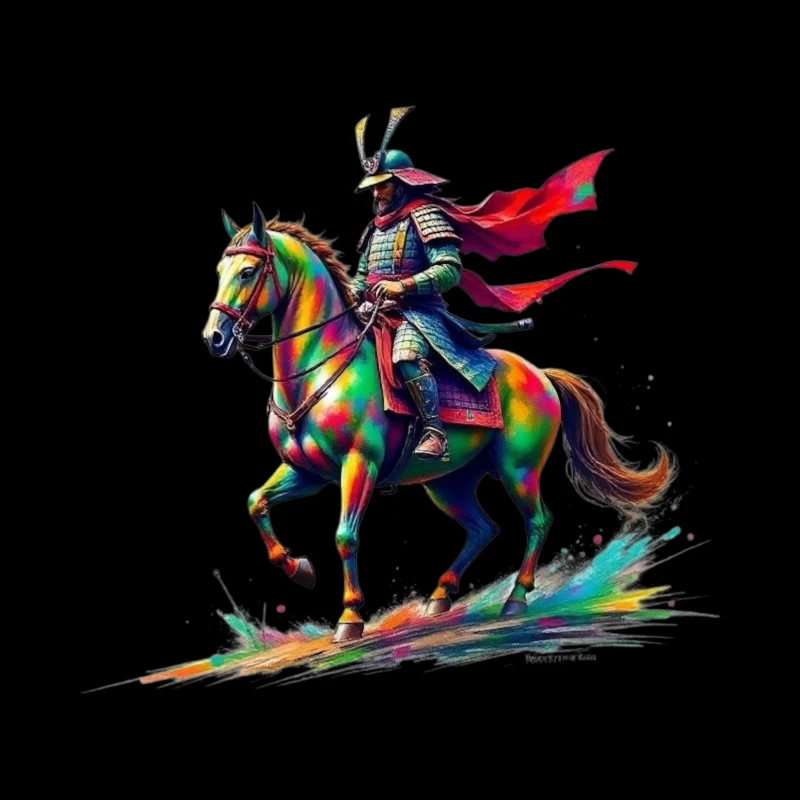 Colorful Samurai Warrior on Horse Throw Pillow