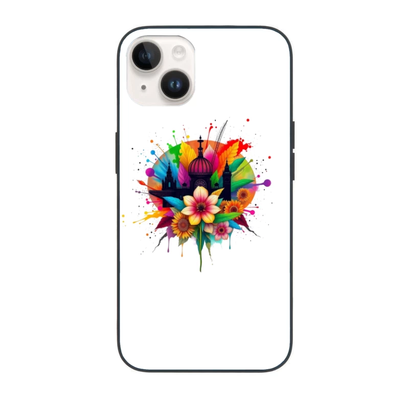 Vibrant Cathedral Silhouette with Rainbow Floral Splash iPhone Case