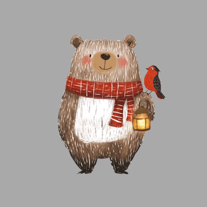 Cute Cartoon Bear with Lantern and Red Bird in Winter Male Pullover Hoodie