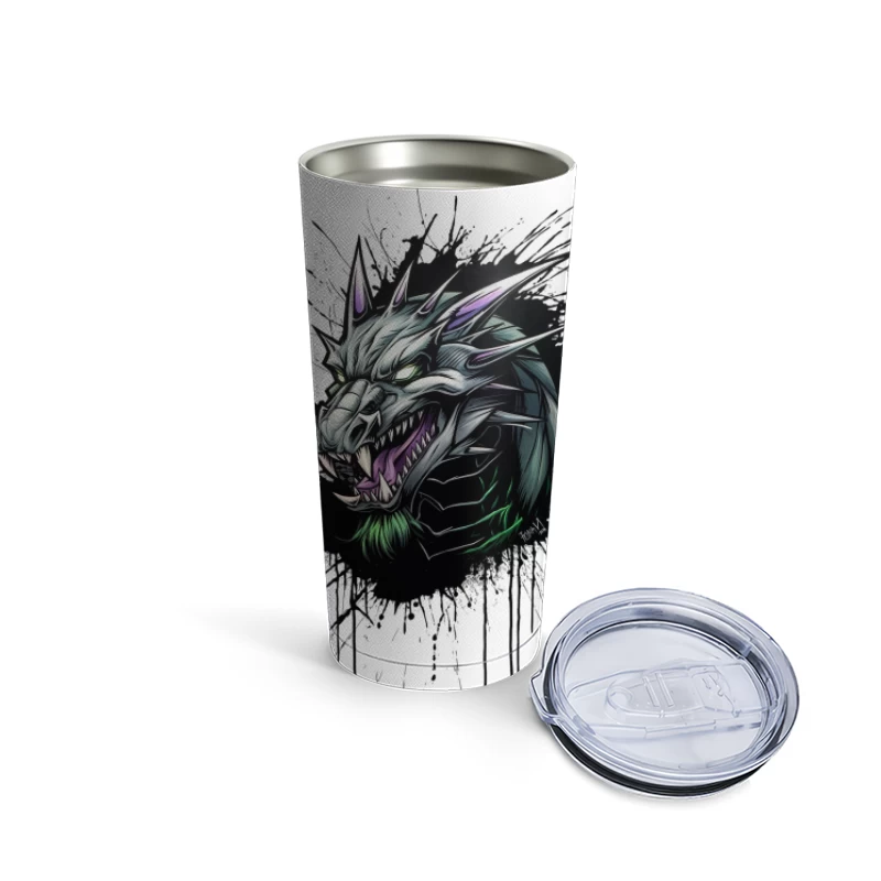 Fierce Dragon: Fantasy Creature in Digital Ink Splatter Art Travel Mug