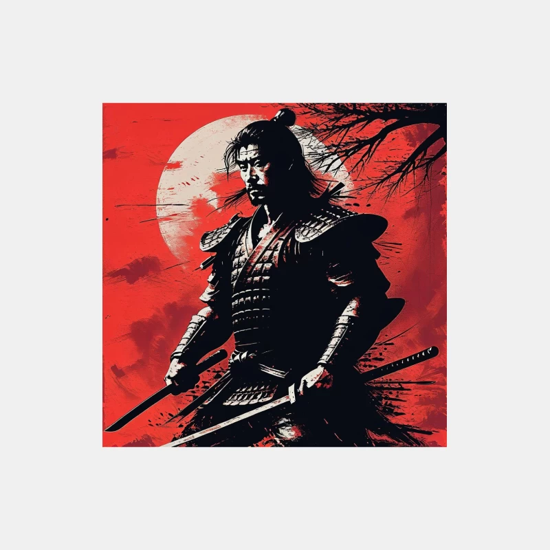 Dramatic Samurai Warrior Illustration with Red Moonlit Background Male Tank Top