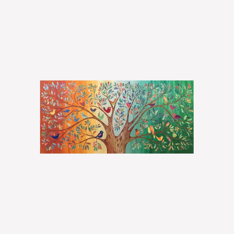 Vibrant Tree of Life: A Colorful Seasonal Artwork with Whimsical Birds Male T-Shirt