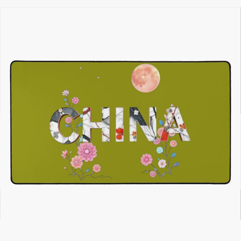 Floral Chinese Typography with Pink Moon and Cherry Blossoms Desk Mat