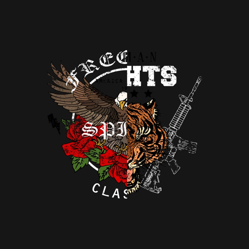 Aigle et tigre avec fusil et fleurs Femme Manches Longues T-Shirt