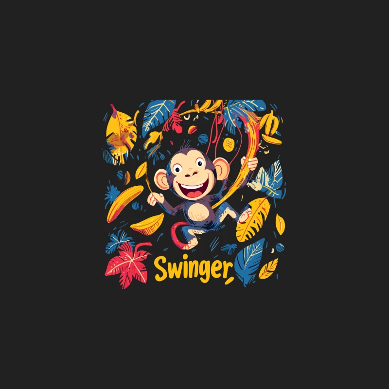 Playful Cartoon Monkey Swinging in Colorful Tropical Jungle Bucket Hat