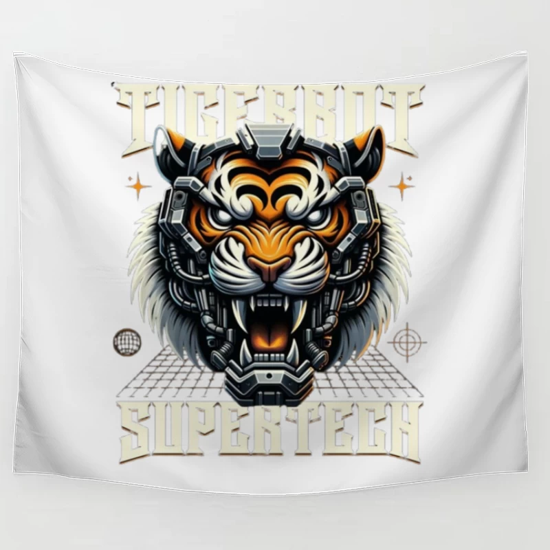 Cybernetic Tiger Head with Futuristic Tech Enhancement Tapestry