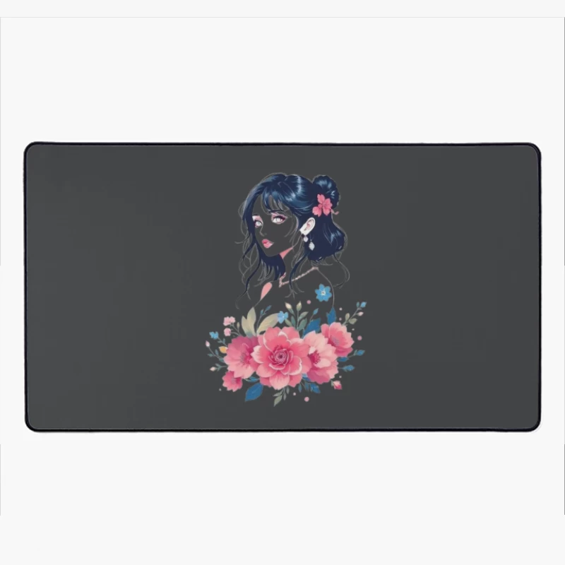 Elegant Anime Portrait with Pink Floral Arrangement Desk Mat