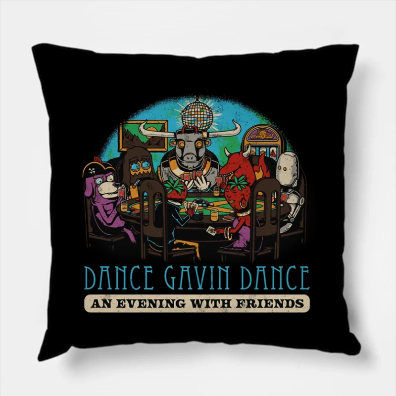 Dance Gavin Dance: Cartoon Characters Playing Poker Under Disco Ball Throw Pillow