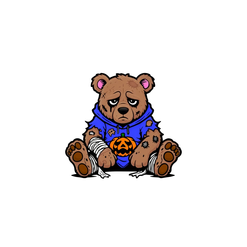 Sad Injured Teddy Bear in Blue Hoodie with Halloween Pumpkin Desk Mat