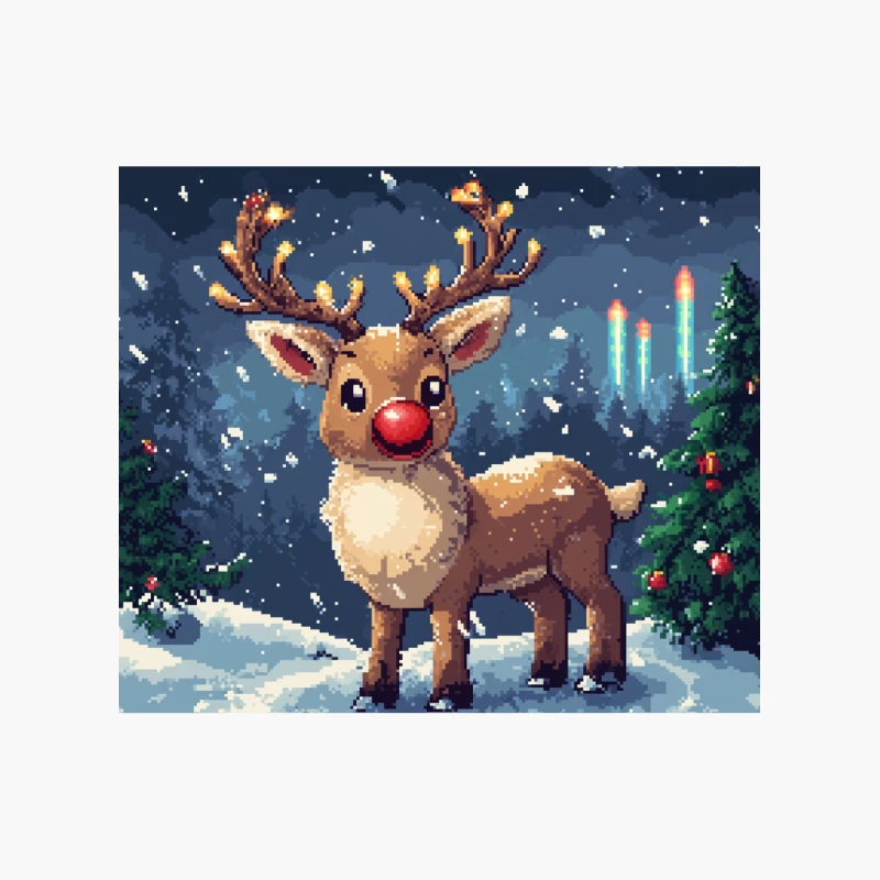 Pixelated Christmas Reindeer in Snowy Winter Night Cotton Tote Bag