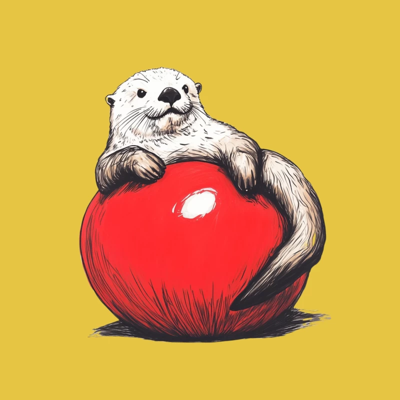 Playful Otter Hugging Giant Red Ball: Whimsical Cartoon Illustration Female T-Shirt