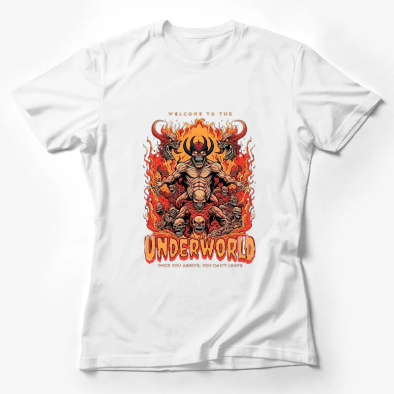 Welcome to the Underworld: Demonic Horror Art with Flaming Skulls Female T-Shirt