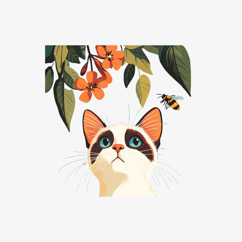 Curious Cat Admires Flowers and Bee in Colorful Illustration Female Long Sleeve T-Shirt