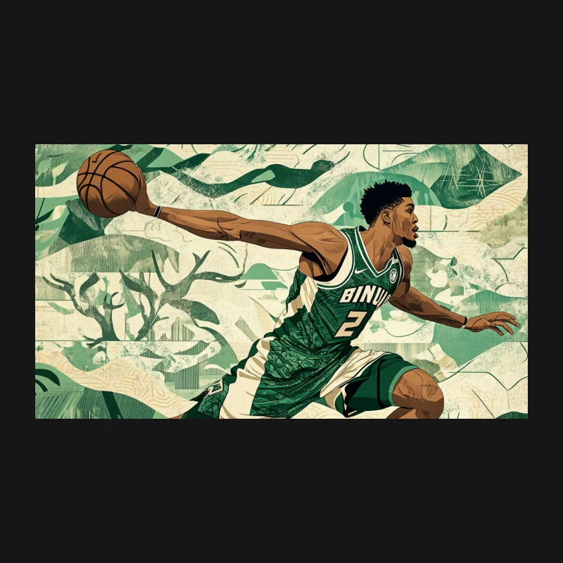 Dynamic Illustration of Milwaukee Bucks Basketball Player in Action Desk Mat