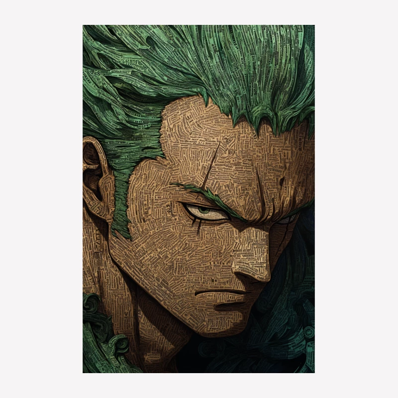 Textured Anime-Style Portrait with Green Hair and Intense Gaze Female T-Shirt