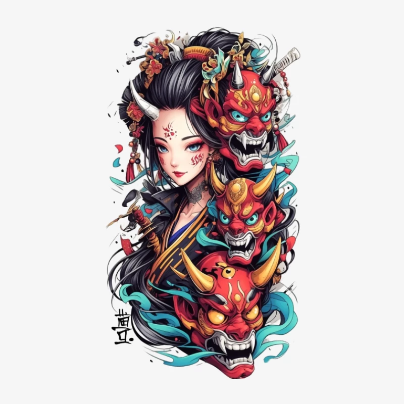 Geisha mit Oni-Masken und Blumen Damen Langarm T-Shirt
