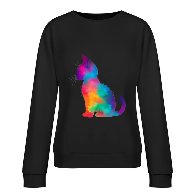 Rainbow Tie-Dye Cat Silhouette Art Female Pullover Sweatshirt