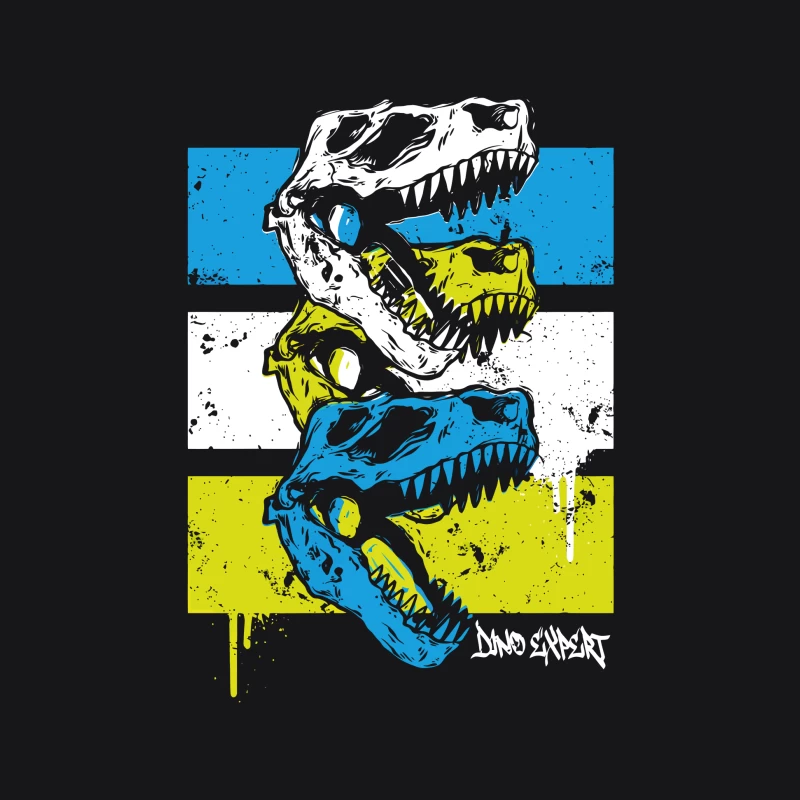 Layered T-Rex Skulls: Grunge Street Art Aesthetic Female Pullover Hoodie