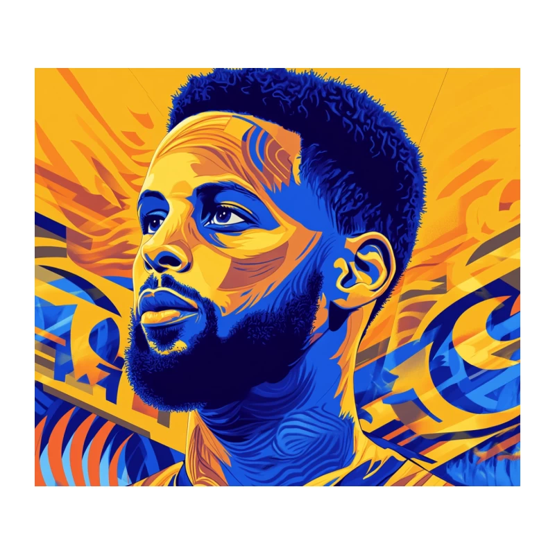 Vibrant Stylized Portrait of Basketball Player in Blue and Orange Tapestry