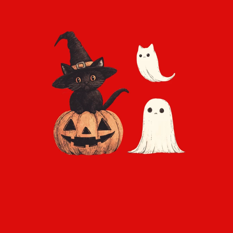 Cute Halloween Cartoon with Black Cat, Pumpkin, and Ghosts Male Tank Top