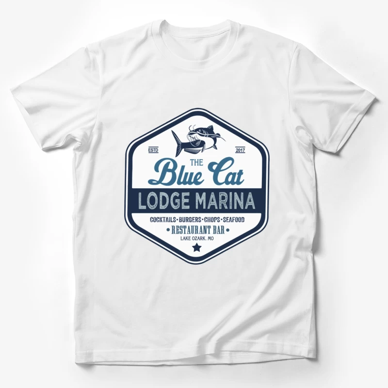 The Blue Cat Lodge Marina Restaurant and Bar - Vintage Nautical Logo Design Male T-Shirt