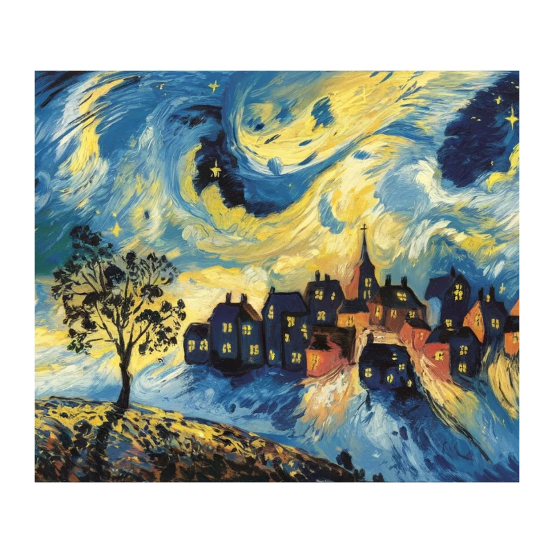 Starry Night-Inspired Village Landscape in Swirling Impressionist Style Tapestry
