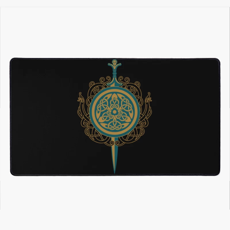 Intricate Celtic Knot Shield and Sword Design Desk Mat