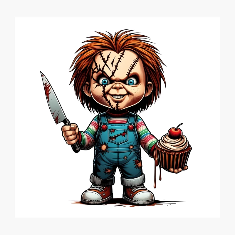 Chucky: Creepy Cartoon Horror Doll with Knife and Cupcake Throw Pillow