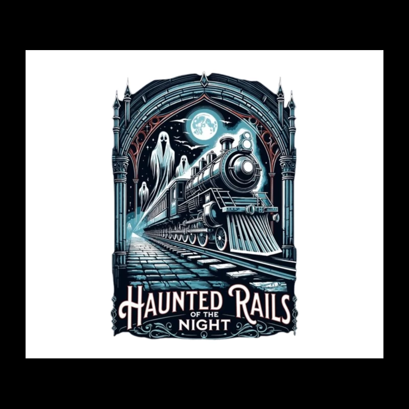 Gothic Haunted Steam Train Under Moonlit Archway Tapestry