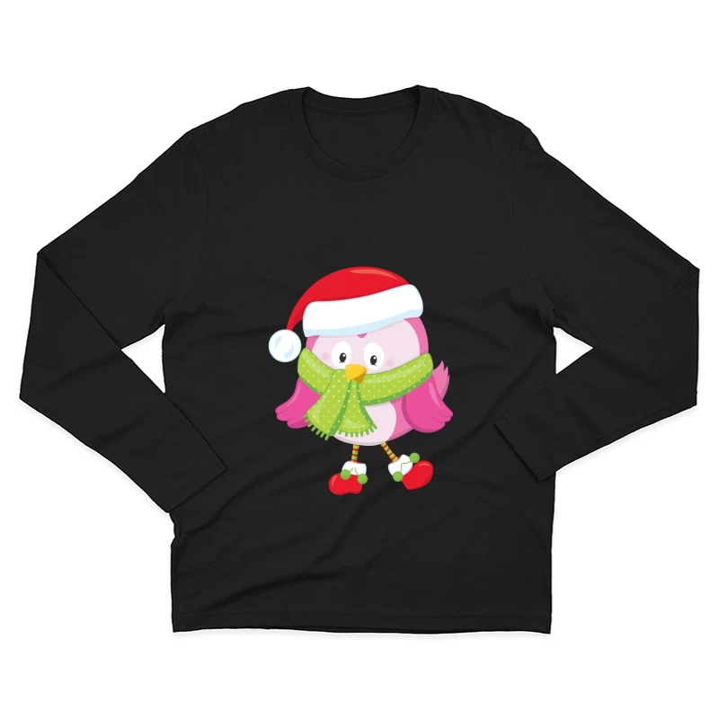 Chouette de Noël rose avec écharpe verte Homme Manches Longues T-Shirt