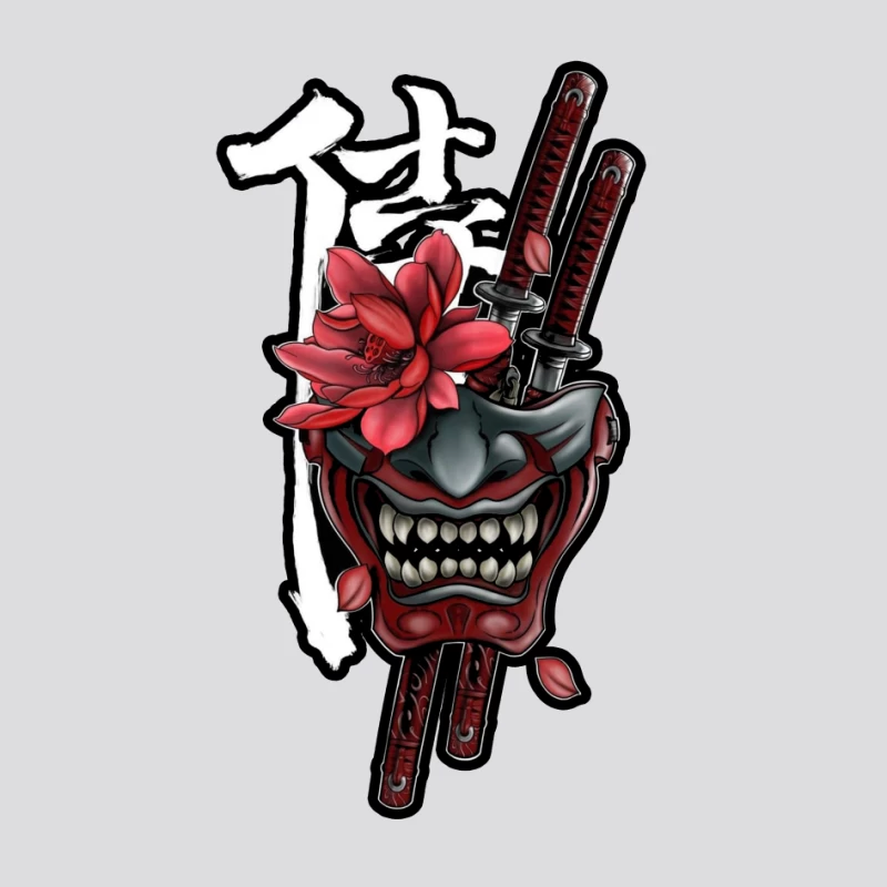 Samurai Mask Art with Katana and Flower Pin