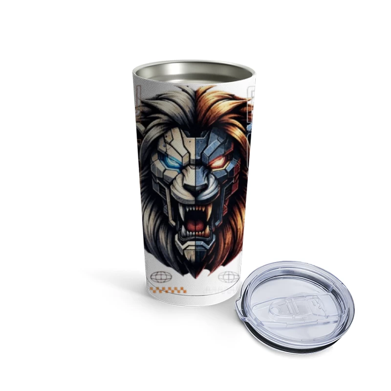 Cyberpunk Lion with Mechanical Face Travel Mug