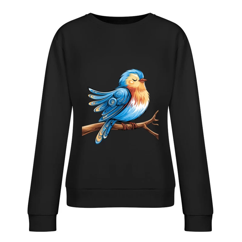 Colorful Stylized Bird Illustration Perched on Branch Female Pullover Sweatshirt