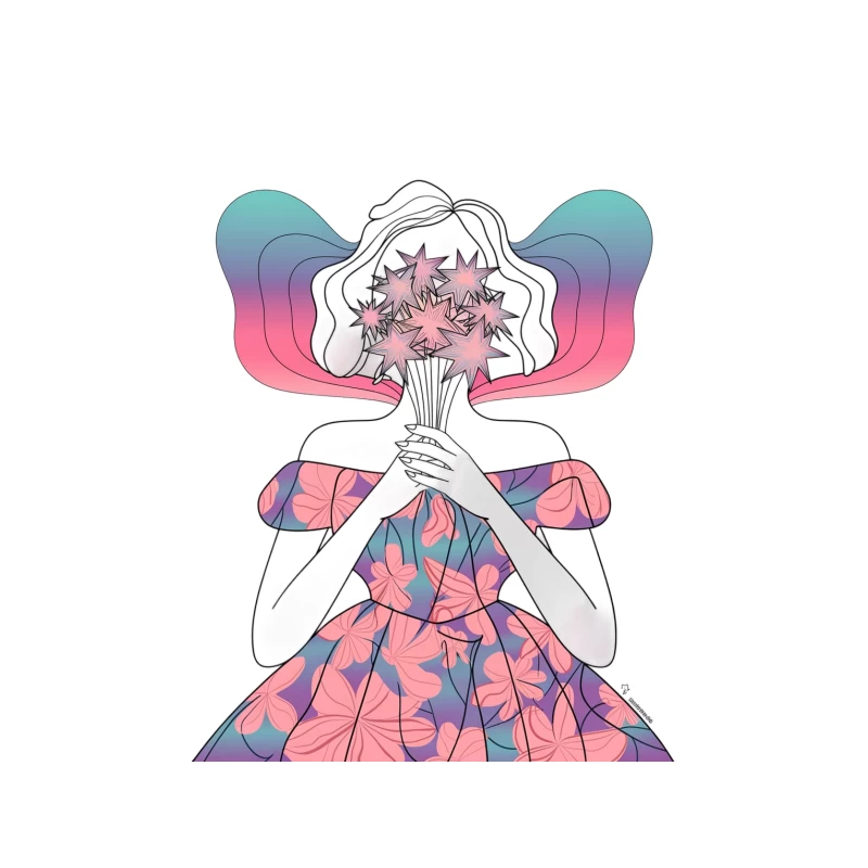 Surreal Feminine Illustration with Floral Dress and Stargazer Lilies Tapestry