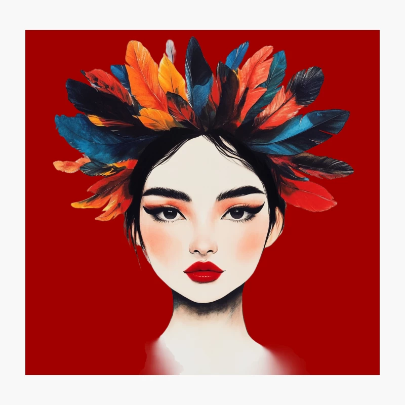 Vibrant Feathered Headdress Portrait: Artistic Fashion Illustration Throw Pillow