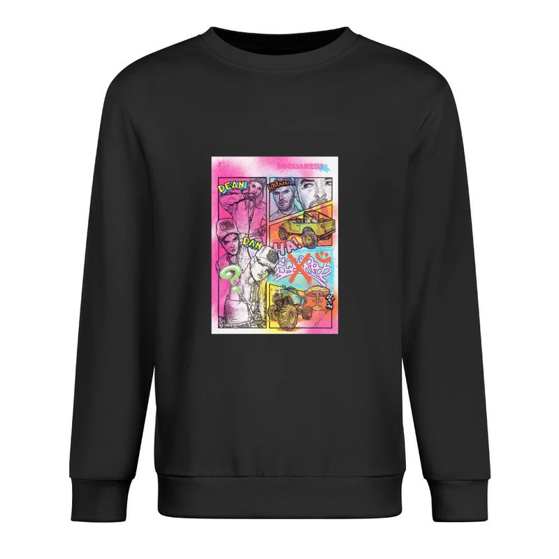 Bunte Comic-Collage mit Fahrzeugen und Figuren Herren Pullover Sweatshirt