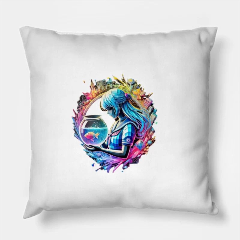 Dreamy Anime-Style Portrait with Goldfish and Urban Fantasy Background Throw Pillow