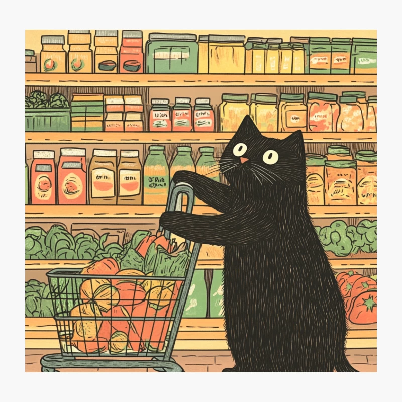 Curious Cat Goes Grocery Shopping in Whimsical Illustration Throw Pillow