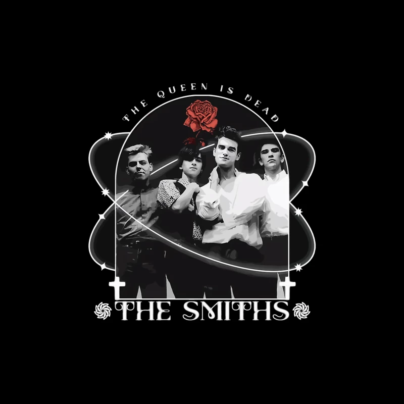 The Smiths - Vintage Black and White Band Portrait with Red Rose Throw Pillow