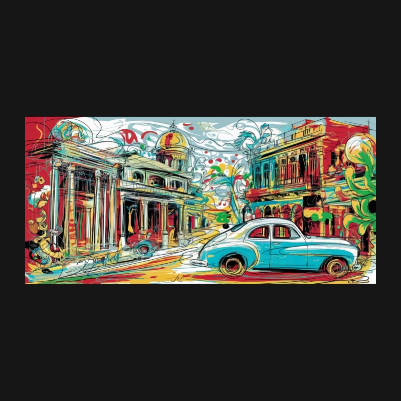 Vibrant Urban Streetscape with Vintage Car and Abstract Architecture Mouse Pad