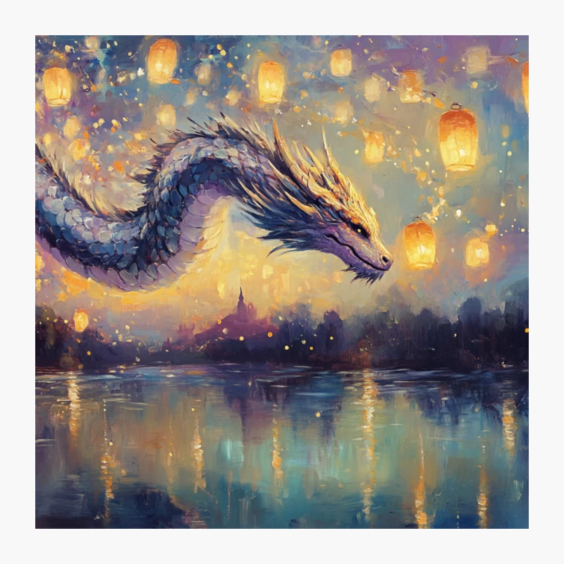 Magical Dragon Soaring Amidst Floating Lanterns Over Reflective Lake Pin