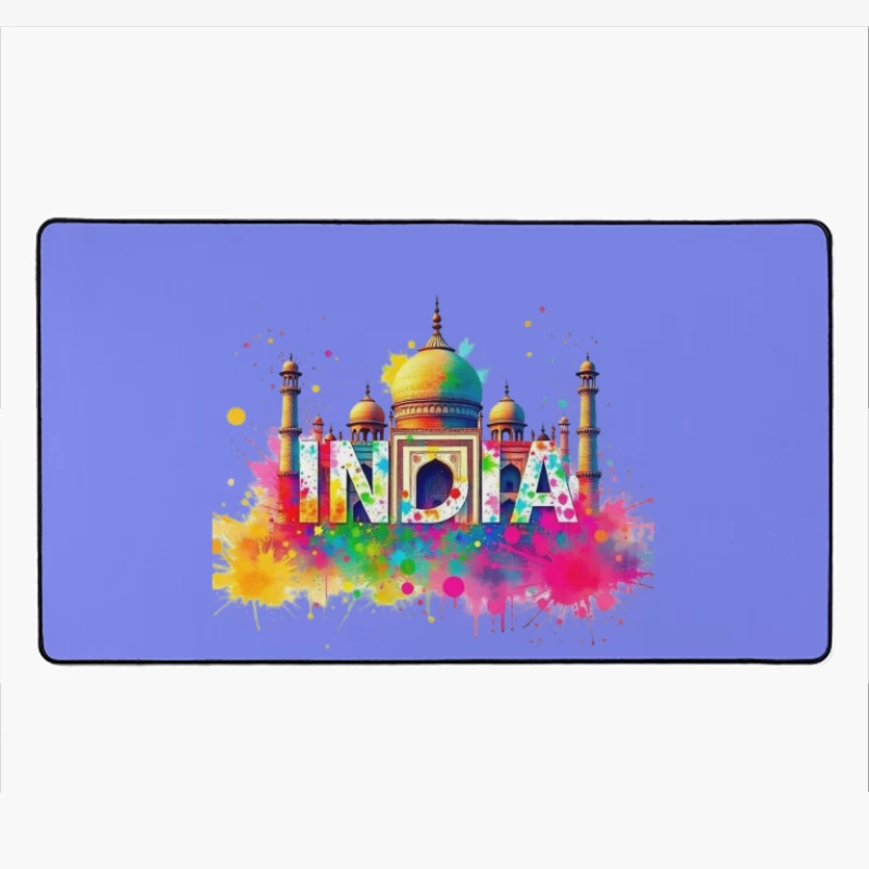 Vibrant Watercolor India Typography with Taj Mahal Silhouette Desk Mat