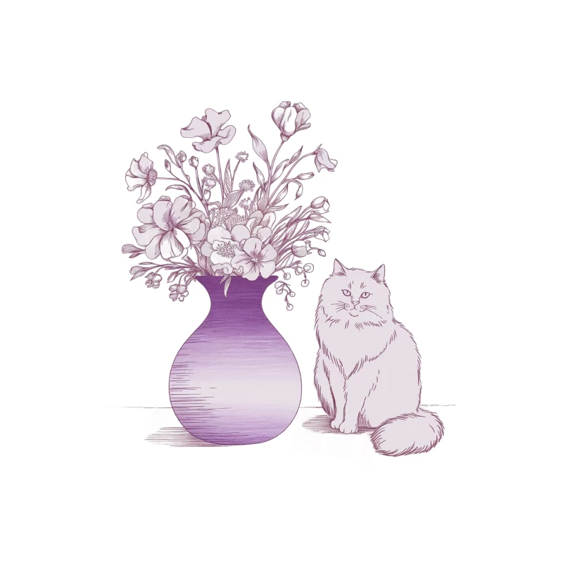 Artistic Illustration of Cat and Purple Vase with Flowers Tapestry