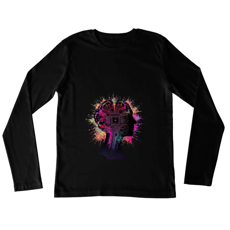 Digital Mind: AI Circuit Profile with Colorful Neural Splashes Female Long Sleeve T-Shirt