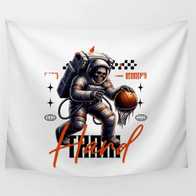 Skeleton Astronaut Playing Basketball in Space Tapestry