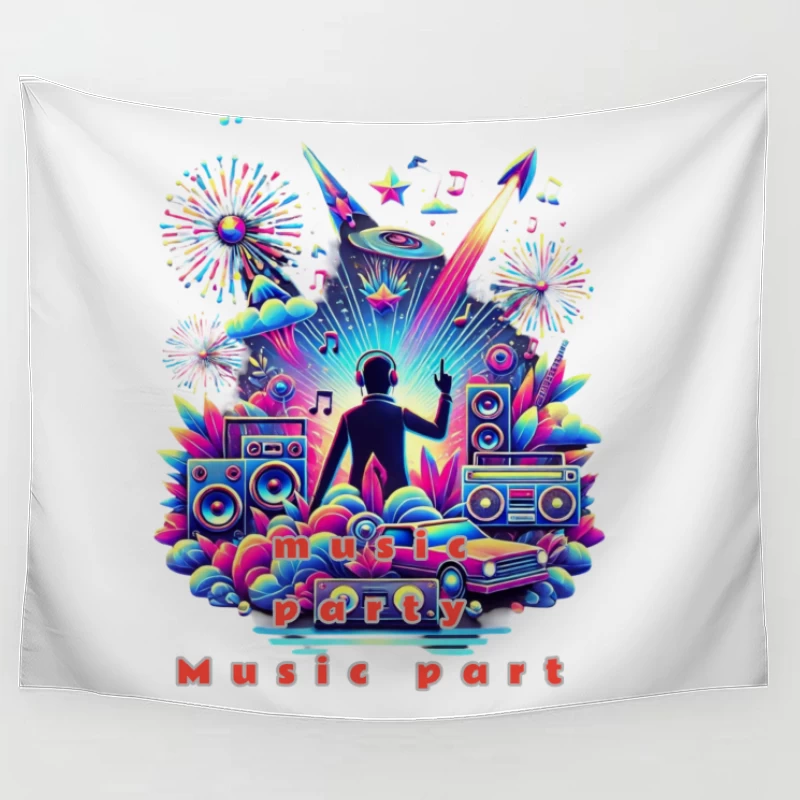 Neon Retro DJ Music Party Illustration Tapestry