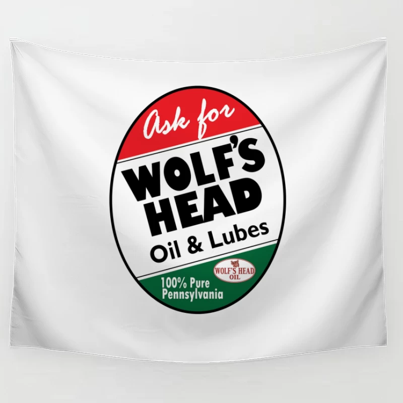 Vintage Wolf's Head Pennsylvania Motor Oil and Lubricants Advertisement Sign Tapestry