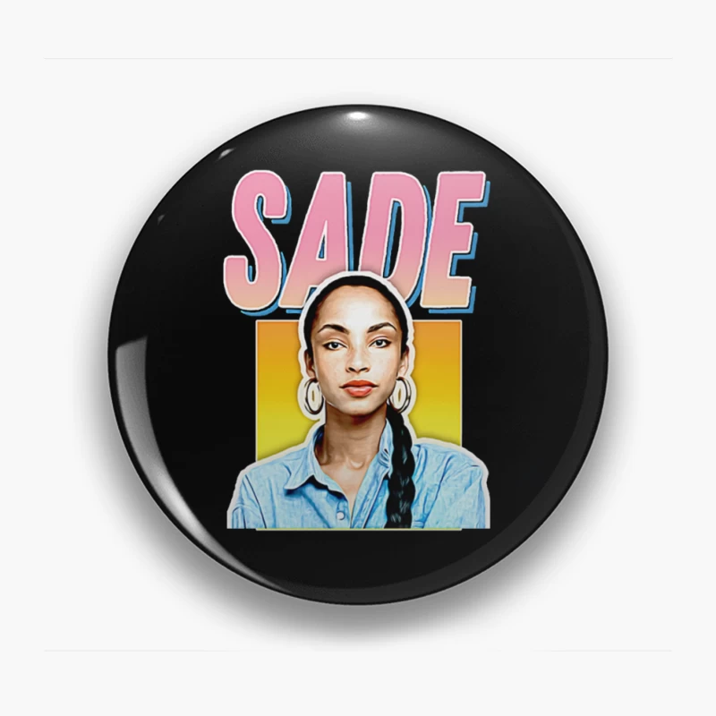 Stylized Pop Art Portrait with Pink "SADE" Text Pin