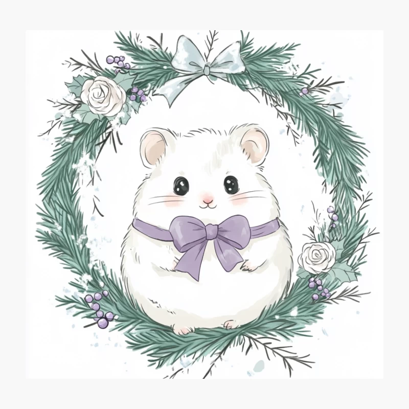 Cute Watercolor Hamster in Christmas Wreath with Purple Bow Throw Pillow