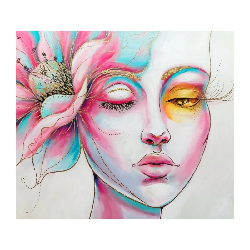 Surreal Floral Portrait: A Colorful Feminine Dreamscape Tapestry